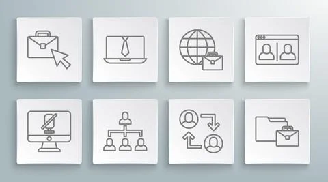 Set line Mute microphone on computer, Video chat conference, Hierarchy 스톡 일러스트