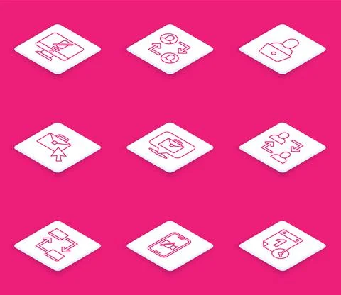 Set line Mute microphone on computer, Project team base, Freelancer, Online Stock Illustration