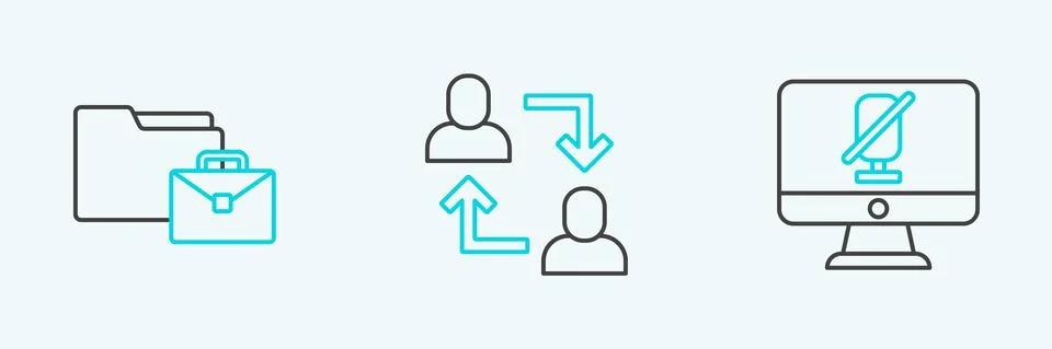 Set line Mute microphone on computer, Online working and Project team base icon Stock Illustration