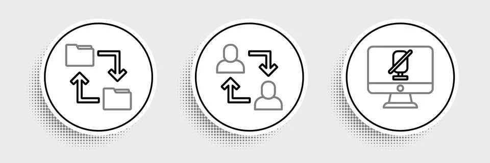Set line Mute microphone on computer, Cloud storage document folder and Pro.. Stock Illustration
