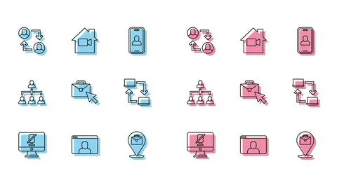 Set line Mute microphone on computer, Video chat conference, Project team b.. Stock Illustration