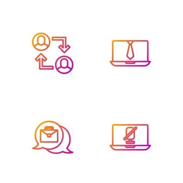 Set line Mute microphone on laptop, Online working, Project team base and V.. Stock Illustration