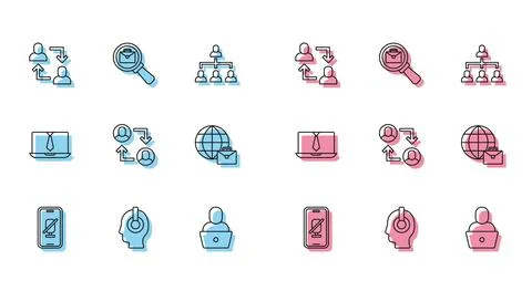 Set line Mute microphone on mobile, Freelancer, Project team base, Online Illustrazione stock