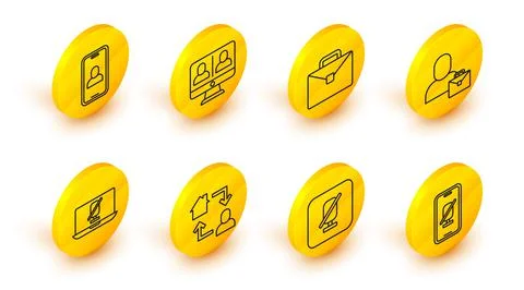 Set line Mute microphone on mobile, Online working, laptop, Freelancer, Brief Stock-Illustration