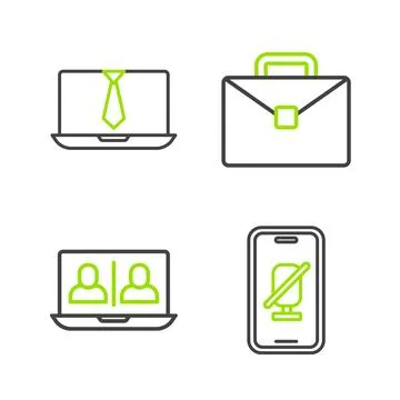 Set line Mute microphone on mobile, Video chat conference, Briefcase and  i.. Stock-Illustration