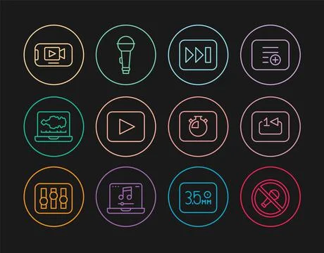 Set line Mute microphone, Repeat track music player, Fast forward, Play button Stock Illustration