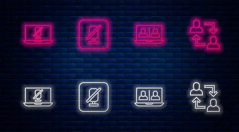 Set line Mute microphone, Video chat conference, laptop and Project team base イラスト素材