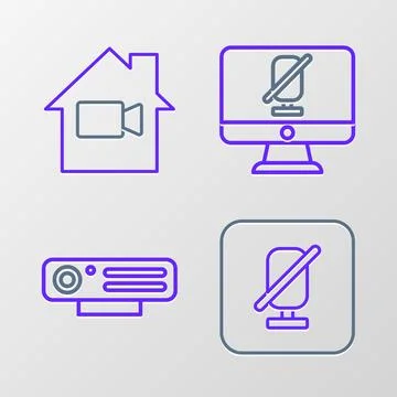 Set line Mute microphone, Web camera, computer and Video Off in home icon. .. 스톡 일러스트