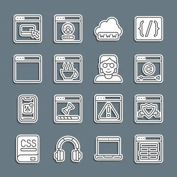 Set line MySQL code, Browser with shield, Online play video, Web development Stock Illustration