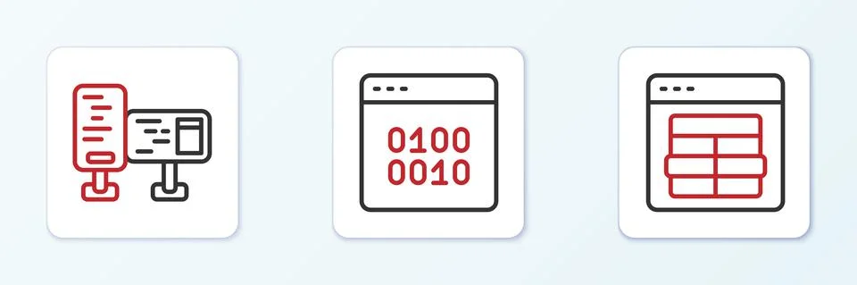 Set line MySQL code, Computer monitor screen and Binary icon. Vector Stock Illustration