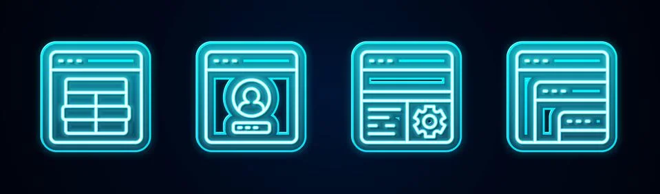 Set line MySQL code, Create account screen, Debugging and Software. Glowing neon Stock Illustration