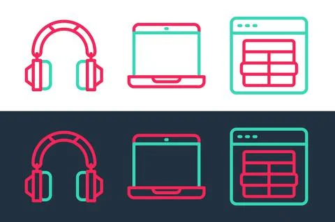 Set line MySQL code, Headphones and Laptop icon. Vector Stock Illustration