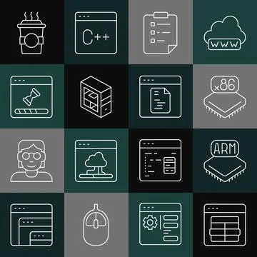Set line MySQL code, Processor, with microcircuits CPU, Clipboard checklist Stock Illustration