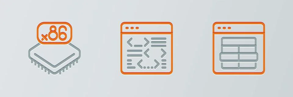 Set line MySQL code, Processor with microcircuits CPU and Software icon. Vector Stock Illustration