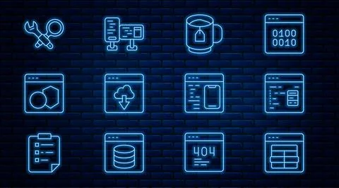 Set line MySQL code, Software, Cup tea with tea bag, Cloud technology data Stock Illustration