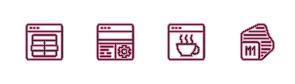 Set line MySQL code, Software, Debugging and Processor icon. Vector Stock Illustration
