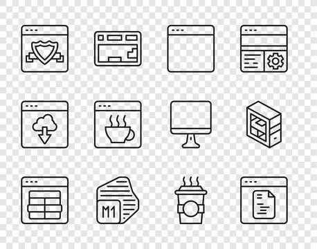 Set line MySQL code, Software, Browser window, Processor, with shield, Coff.. Stock Illustration