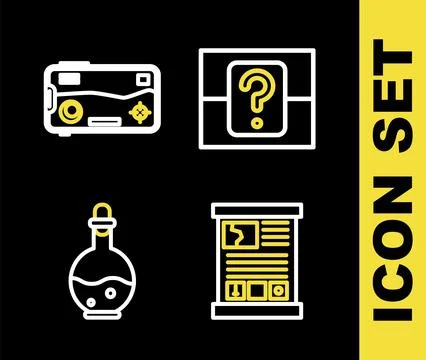 Set line Mystery or random box, Game guide, Bottle with magic elixir and Mobile Stock Illustration