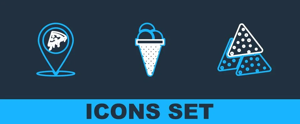 Set line Nachos, Location with slice pizza and Ice cream in waffle cone icon Stock Illustration