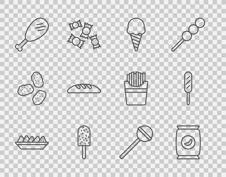 Set line Nachos in plate, Bag or packet potato chips, Ice cream waffle cone.. Stock Illustration