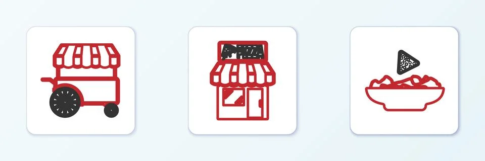 Set line Nachos in plate Fast street food cart and Pizzeria building facade i Ilustración de archivo