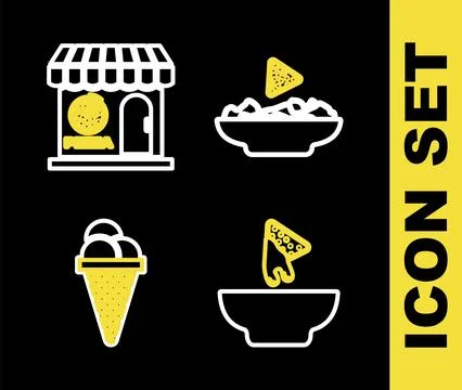 Set line Nachos in plate, Ice cream waffle cone and Pizzeria building facade Ilustración de archivo