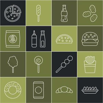 Set line Nachos in plate, Potatoes french fries box, Burger, Bottle of water Stock Illustration