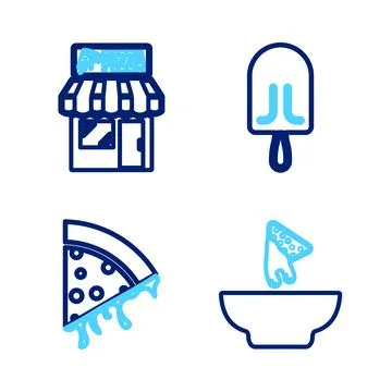 Set line Nachos in plate Slice of pizza Ice cream and Pizzeria building facad Illustrazione stock