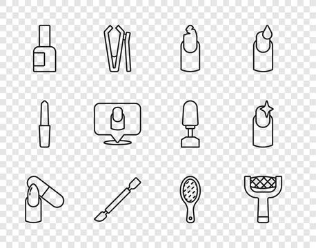 Set line Nail file, Broken nail, Cuticle pusher, Bottle of polish, Manicure, and Illustrazione stock