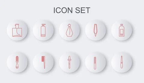 Set line Nail file, Hairbrush, Perfume, Cream cosmetic tube, and Pipette icon Stock-Illustration