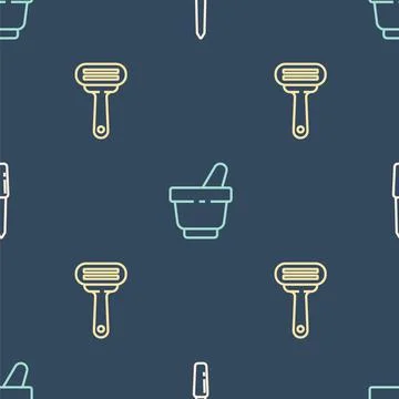 Set line Nail file, Shaving razor and Mortar and pestle on seamless pattern Illustrazione stock