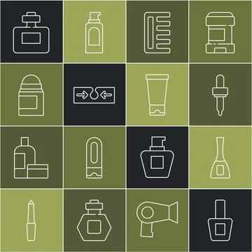 Set line Nail polish bottle, Pipette, Hairbrush, Acne, Antiperspirant deodorant Illustration