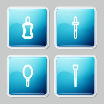 Set line Nail polish bottle, Pipette, Hand mirror and Makeup brush icon. Vect Illustrazione stock