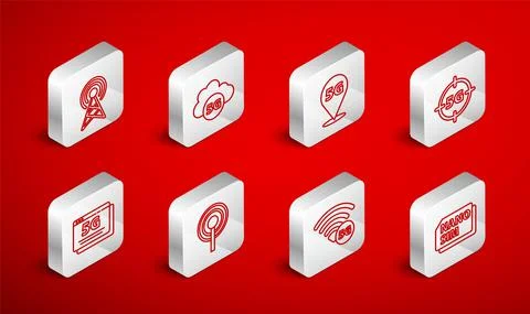 Set line Nano Sim Card, Cloud 5G network, Location, Antenna, and icon. Vector Stockillustratie