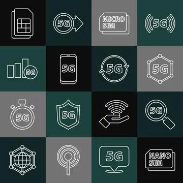 Set line Nano Sim Card, Search 5G network, Micro, Mobile with, card and icon Stock Illustration