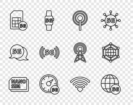 Set line Nano Sim Card, 5G network, Antenna, Digital speed meter, Wi-Fi wir.. Stock Illustration