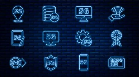 Set line Nano Sim Card, Antenna, Monitor with 5G network, Location, Graphic.. Stock Illustration