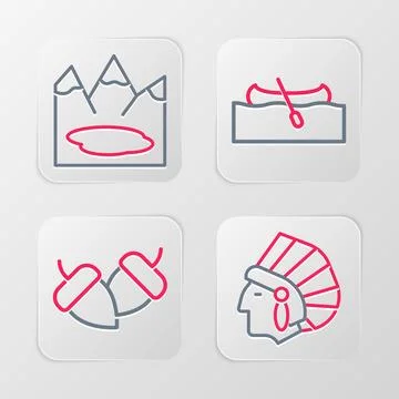 Set line Native American Indian, Acorn, Kayak canoe and Canadian lake icon... Stock Illustration