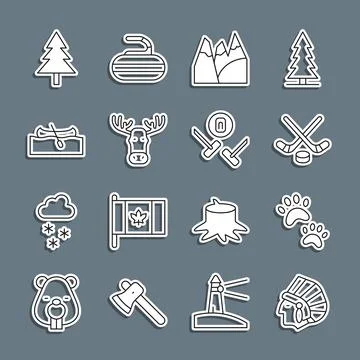 Set line Native American Indian, Paw print, Ice hockey sticks and puck, Mou.. Stock Illustration
