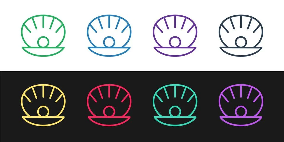 Set line Natural open shell with pearl icon isolated on black and white Illustrazione stock