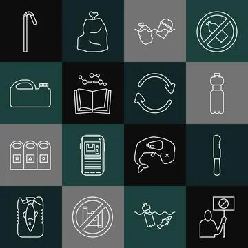 Set line Nature saving protest, Disposable plastic knife, Bottle of water Stock Illustration