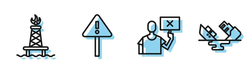 Set line Nature saving protest, Oil rig with fire, Exclamation mark in triangle Stock Illustration
