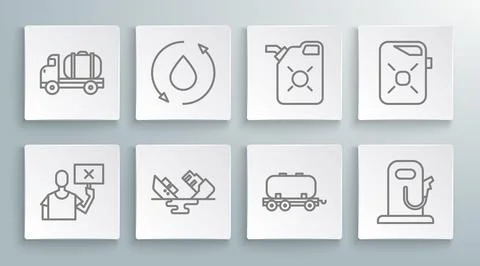Set line Nature saving protest, Oil drop, Wrecked oil tanker ship, railway .. Stock Illustration