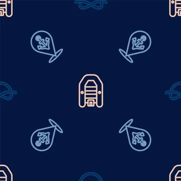 Set line Nautical rope knots, Location with anchor and Inflatable boat motor on Stock Illustration