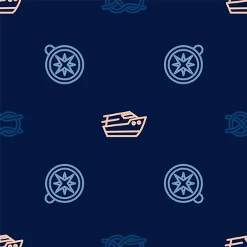 Set line Nautical rope knots, Compass and Speedboat on seamless pattern. Vector Stock Illustration
