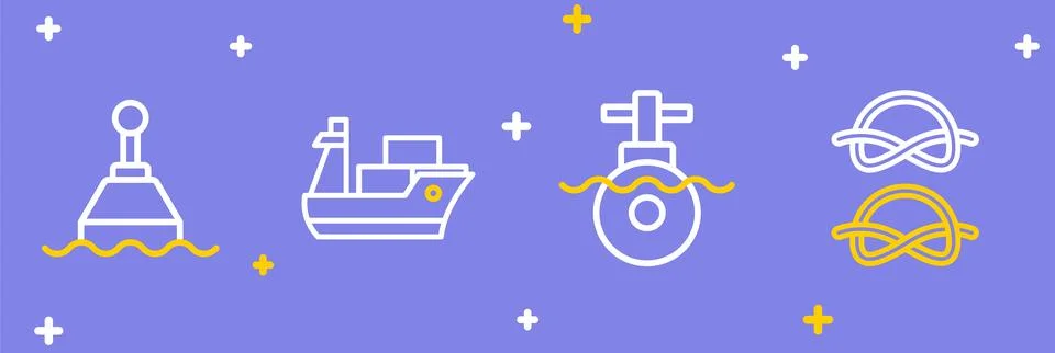 Set line Nautical rope knots, Submarine, Cargo ship and Floating buoy icon... Stock Illustration