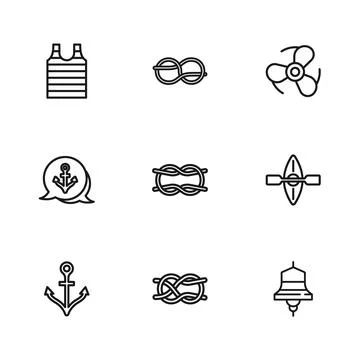 Set line Nautical rope knots, Kayak and paddle, Ship bell, Boat propeller, .. Illustrazione stock