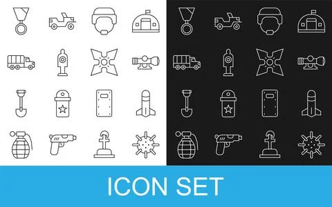 Set line Naval mine, Rocket, Sniper optical sight, Military helmet, Human t.. Ilustración de archivo