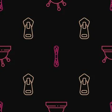 Set line Needle bed and needles, Zipper and Yarn on seamless pattern. Vector Illustrazione stock