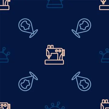 Set line Needle bed and needles, Leather and Sewing machine on seamless pattern Stock Illustration